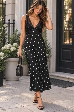 Trixxi Y2K Babydoll Black Polka Dot Midi Dress XL Lace Bow Retro Coquette Pinup